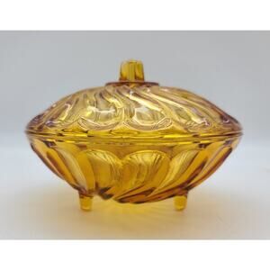 Vtg Amber Glass 3 Foot Swirl Lidded Pattern Candy Dish Nadir Figueiredo Brazil